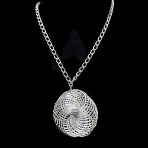 Silver Tone Curb Chain Necklace W/Large Interlocking Circles Pendant (4702)